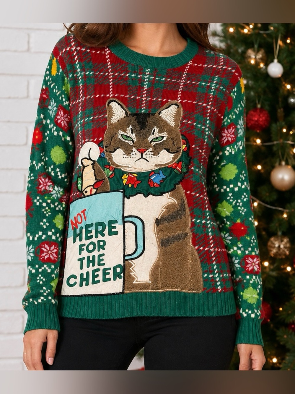 Blizzard Bay Festive Cat Holiday Sweater - Green & Red
